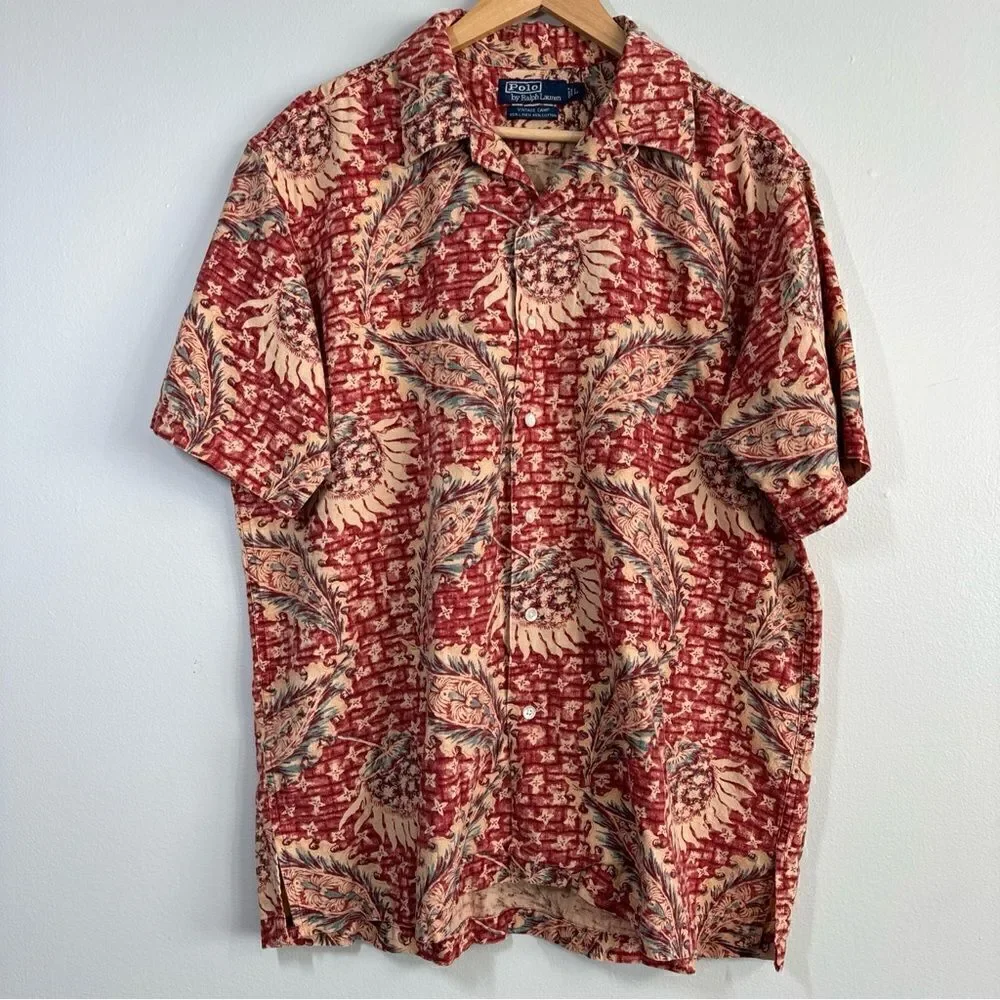Polo Ralph Lauren Vintage Camp Shirt Men's L Linen Blend Pineapple Floral Red
